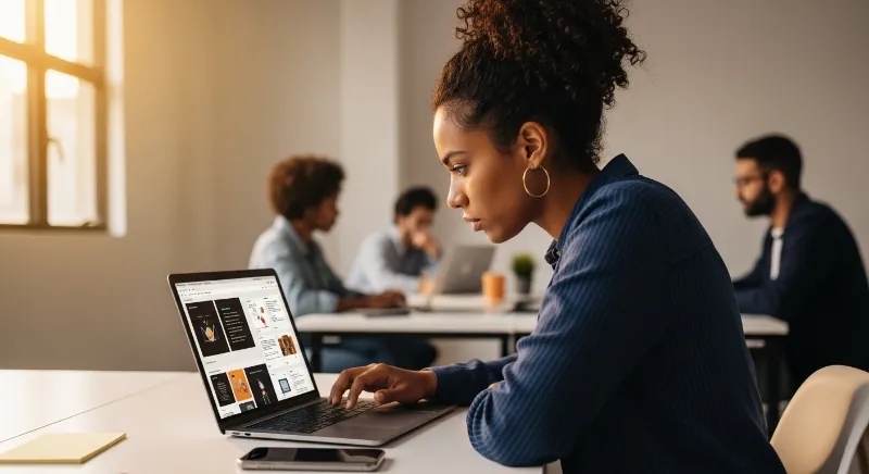 Equipe de marketing em escritório moderno no Brasil, analisando campanhas e conteúdos com apoio de tecnologia