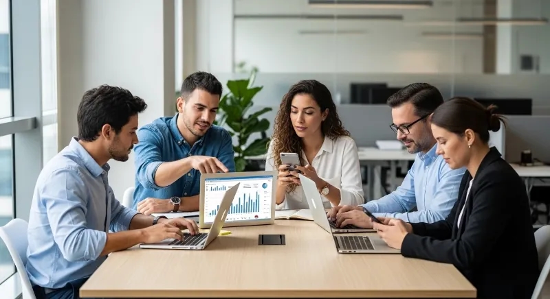 Equipe em escritório corporativo brasileiro analisa métricas de marketing digital em notebook e celular.